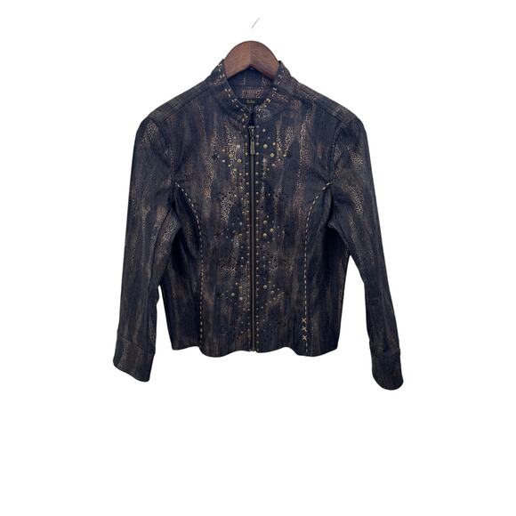 Reba Women's Distressed Brown Jacket With Studded Details & Zip Closure Size S - Picture 1 of 6